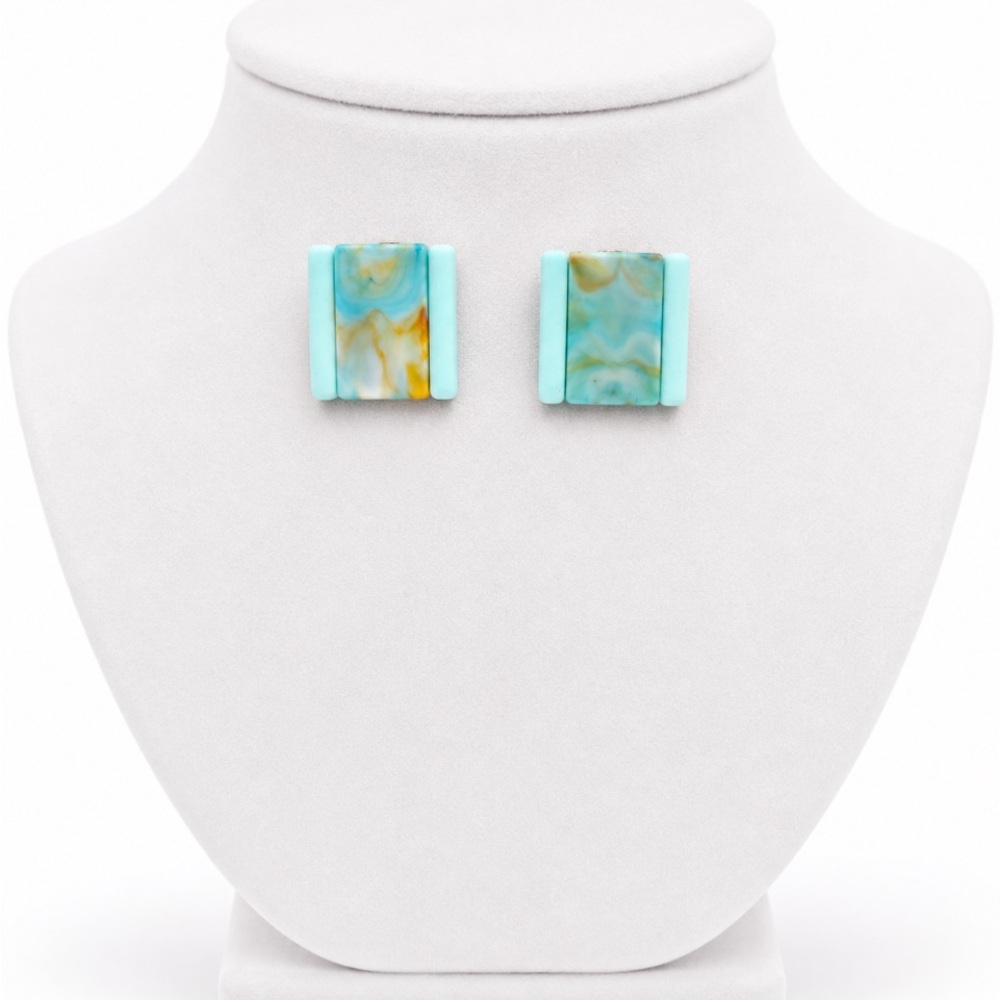 Hong Kong Aqua Blue Marbled Rectangular VTG Clip-On Earrings
